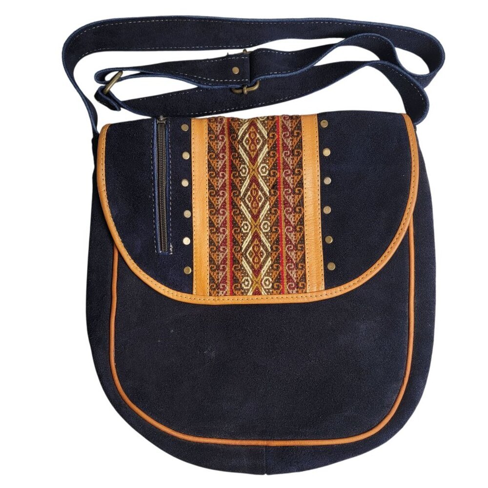 Boho Blue Suede Leather Studded Aztec Tribal Embroidered Flap Crossbody Purse